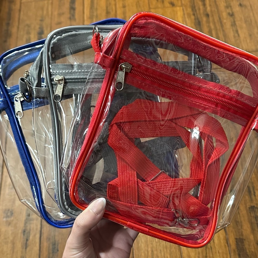 Clear Stadium Bags red, blue and grey